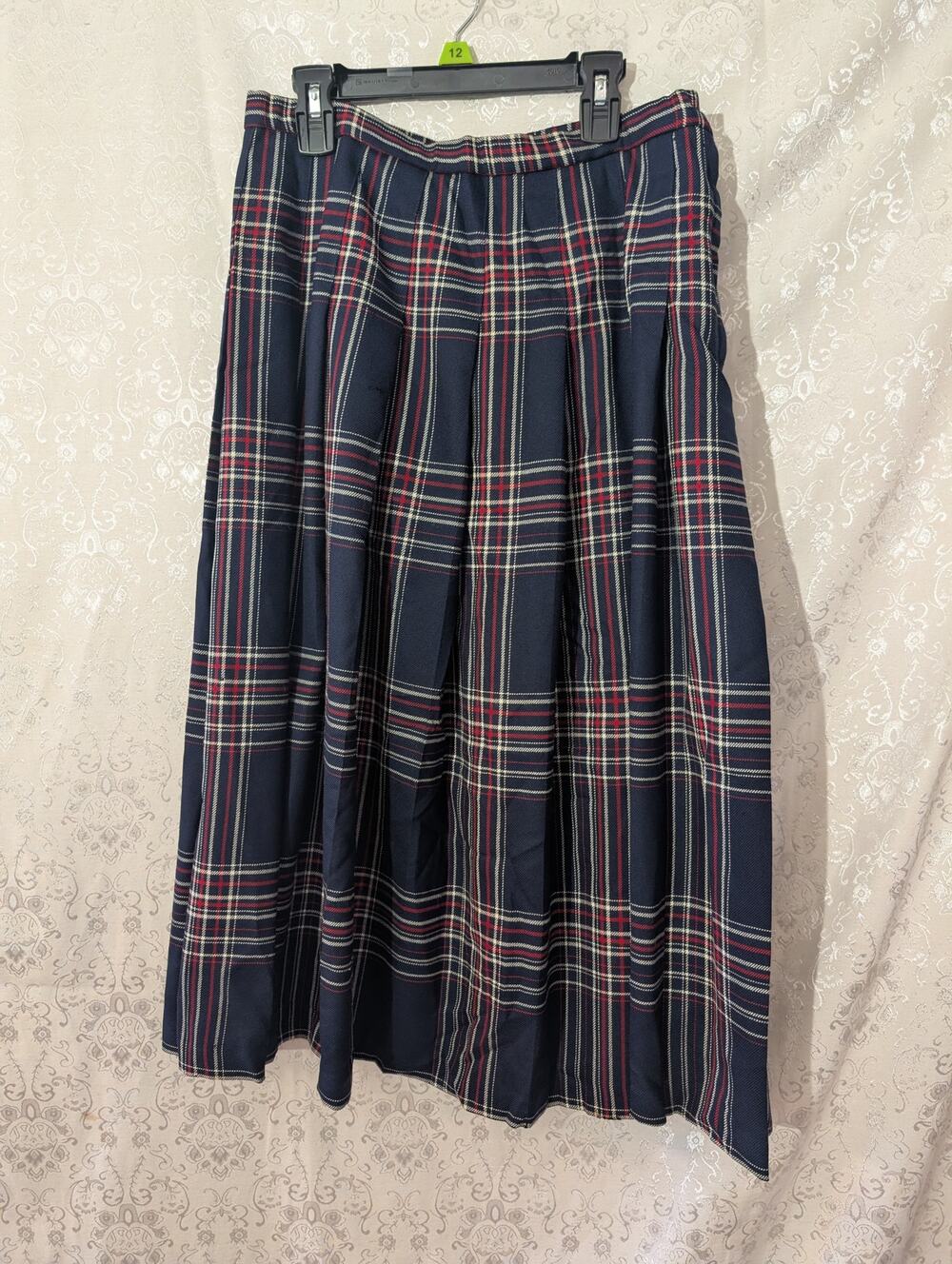 Vintage 80s Pendleton 100% Virgin Wool Pleated Maxi Skirt Navy Tartan